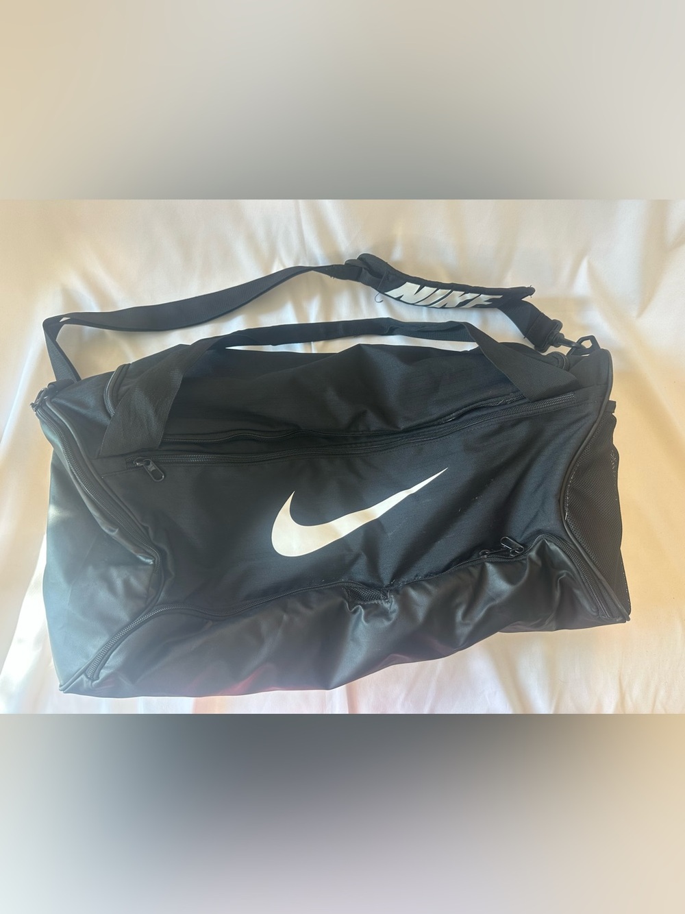 Nike Black Duffel with White Swoosh - Men's Gym Bag